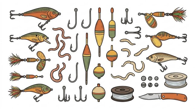 Hand drawn fishing equipment and tackle elements set