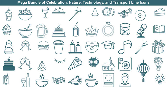Celebration and food event line icons featuring festive party supplies snacks drinks and special occasions