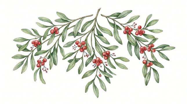Elegant watercolor mistletoe branches with red berries for Christmas and holiday floral decoration