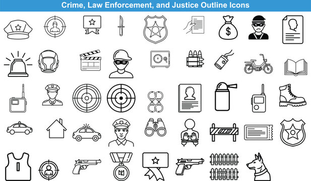 Collection of law enforcement and crime investigation outline icons for security or justice project design