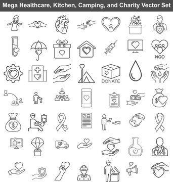 Comprehensive collection of charity and healthcare line icons featuring heart symbols and medical elements