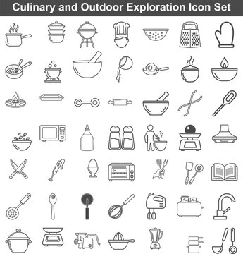 Comprehensive collection of culinary and kitchen equipment icons in simple line art for cooking apps