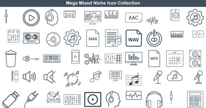 Comprehensive collection of music and media line icons for digital production and creative interface design projects