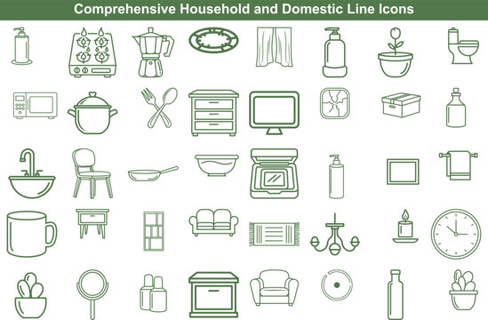 Comprehensive set of linear household and domestic life icons for interior design and home projects