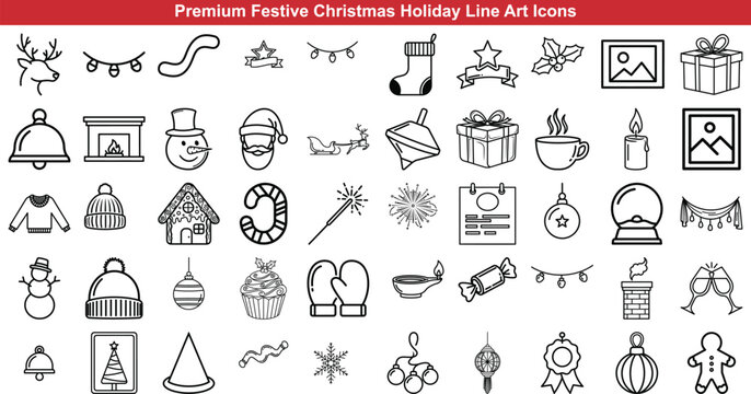 Set of festive christmas holiday line art icons for seasonal design projects and social media graphics