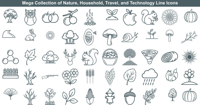 Set of natural line art vector icons featuring flora fauna woodland creatures and garden elements