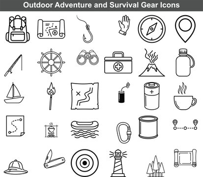 Set of outdoor adventure and survival gear icons in minimalist linear style for camping projects