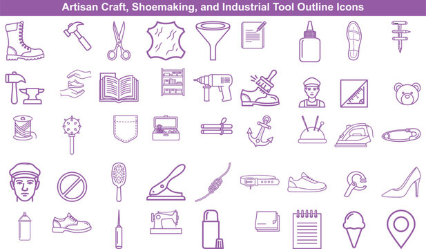 Shoemaking artisan craft and industrial repair tool icons set for footwear manufacturing or design projects