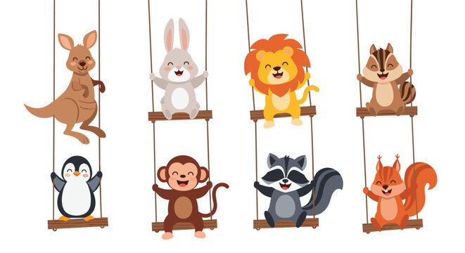Group of cute cartoon animals including a lion monkey and penguin playing on swings together in a fun set.