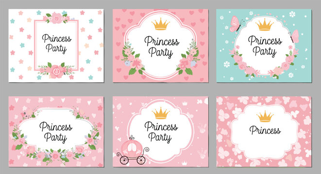 Set of pink and blue princess party invitations with floral borders crowns and a golden carriage for girls.