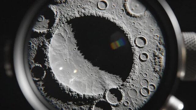 Detailed close-up view of the moon's surface through a magnifying glass reveals craters and textures