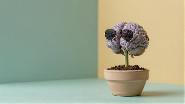 A brain in sunglasses potted plant style exudes cool intelligence and