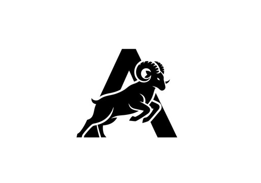Black ram leaping over letter a logo design isolated on white background