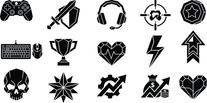 Gaming icons: controller keyboard trophy skull with money bag, video games