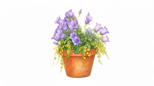 Colorful campanula bellflowers and creeping jenny thriving in a terracotta flowerpot, cultivating garden beauty, rotating around animation