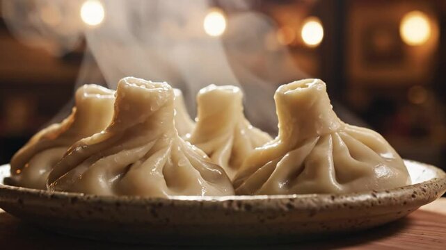 Close up steaming dumplings served on a rustic plate in a restaurant setting with blurred background bokeh