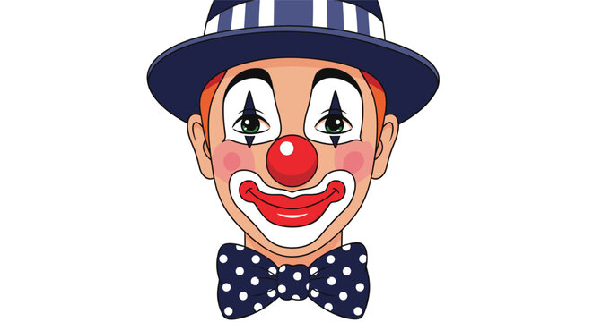 Close up portrait of a circus clown character with makeup, a red nose, and a blue hat with white stripes on a white background.