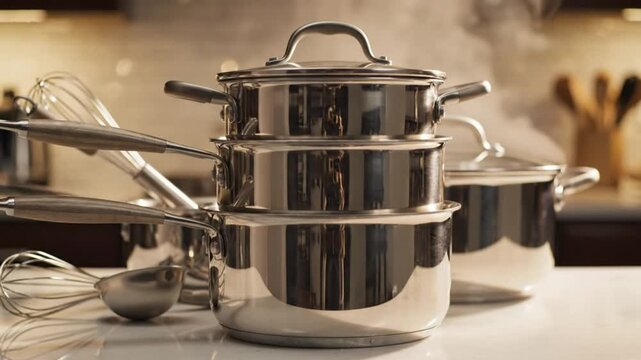 Shining stainless steel cookware set stacked on white kitchen countertop with cooking utensils