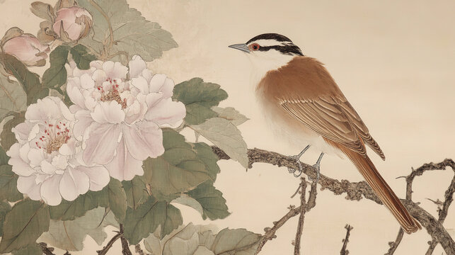 Traditional detailed Chinese painting bird on branch white face dark crest red orange underside left flower cluster purple white long stamens large dark green leaves with veins ragged edges light beig