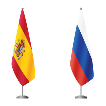 Spain and Russia flags on flagpoles for official ceremonies and meetings, transparent background vector