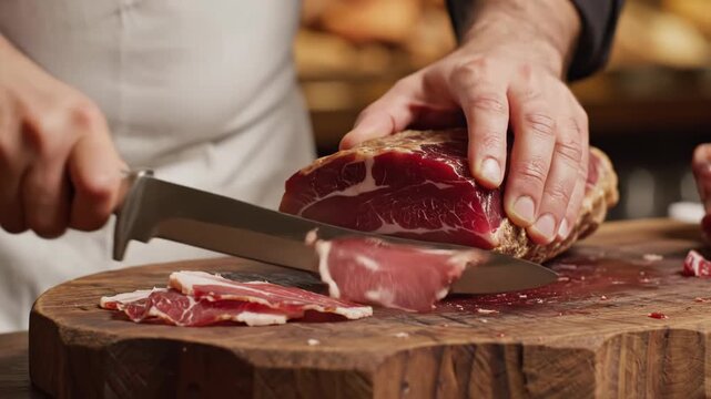 Close-up of a person's hands slicing a piece of dry-cured ham or prosciutto using a large steel knife on a rustic wooden board, showing the marbled texture of the salted meat.