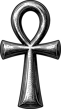 An ancient Egyptian ankh symbol, depicted as a cross with a loop at the top. This monochrome engraved illustration represents life and immortality, featuring intricate hatching for texture and depth.