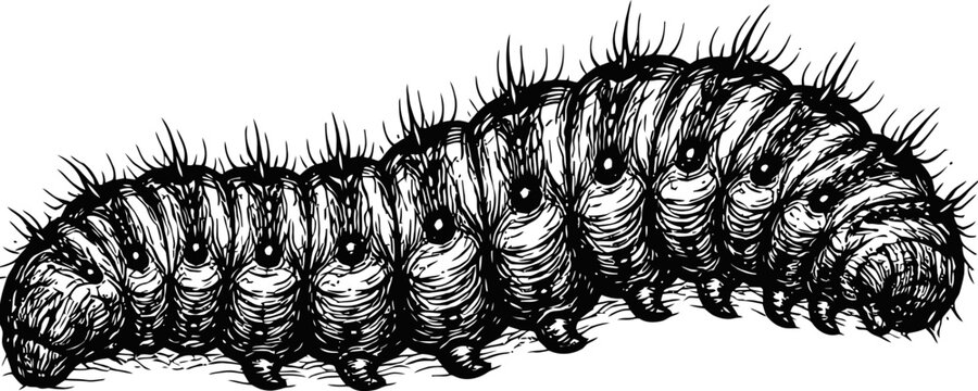 Detailed illustration of a segmented caterpillar with fuzzy texture, showing tiny legs and striped body, isolated on white