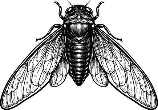 Detailed line art illustration of a cicada insect, a common summer insect with large wings and segmented body, presented as a vector graphic