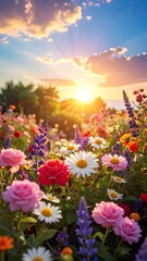Obraz premium A vibrant field of wildflowers basks in the warm glow of a setting sun.