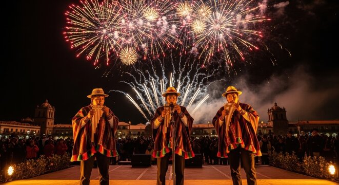 Andean musicians playing pan flutes at night during a fireworks festival