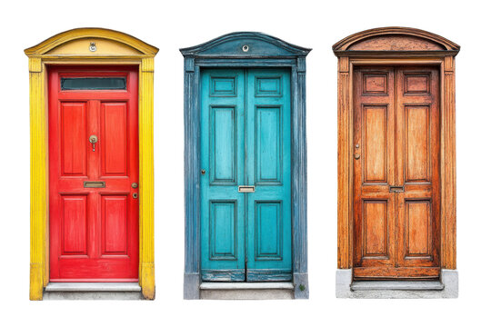 Three Colorful Front Doors in Red Teal and Wooden Styles with Paneling and Pediments frontdoors entrance, Png Isolated On White, Transparent Background