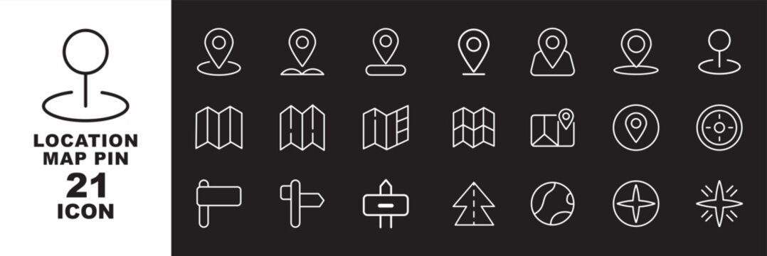 Navigation map route location pin icons set with start finish direction and destination symbols, route paths, and location markers for GPS and travel UI design in thin outline style pack. 