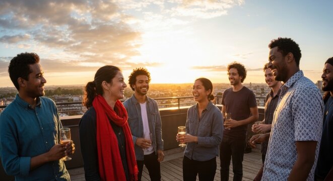 Diverse friends socialising with drinks on a rooftop at sunset in the city
