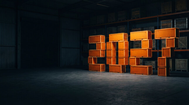 orange shipping containers stacked as 2027 inside dark warehouse logistics supply chain concept for freight industry planning future banner copy space for social media campaign poster