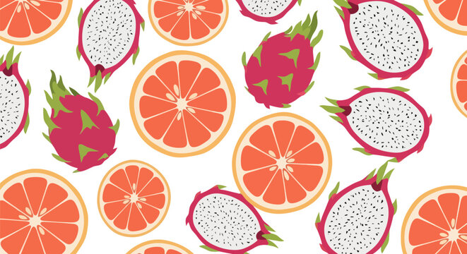 Vibrant pattern of sliced grapefruit and whole dragon fruit.