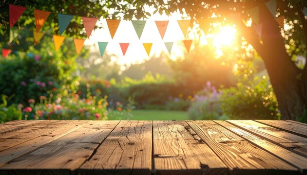 A wooden table in a sun-drenched garden with colorful bunting.