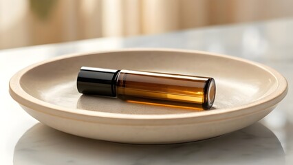 Naklejka premium Aromatherapy Oil Roll Centered On Cream Ceramic Tray, Natural Wellness Product For Relaxation And Calm, Minimal Spa Concept With Gentle Warm Light