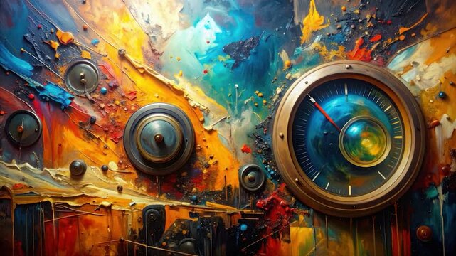 Abstract colorful mixed media art with mechanical clock faces and textures