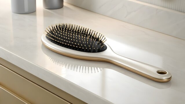 Hair Detangling Brush Placed On Ivory Counter, Everyday Beauty Tool For Smooth Haircare Routine, Modern Minimal Concept With Soft Tones And Clean Fresh Look