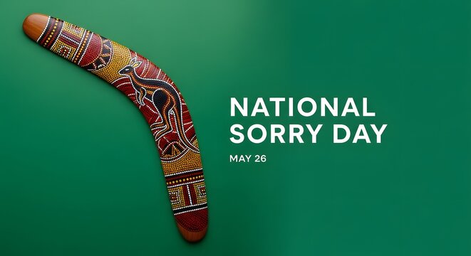 Aboriginal boomerang with National Sorry Day text