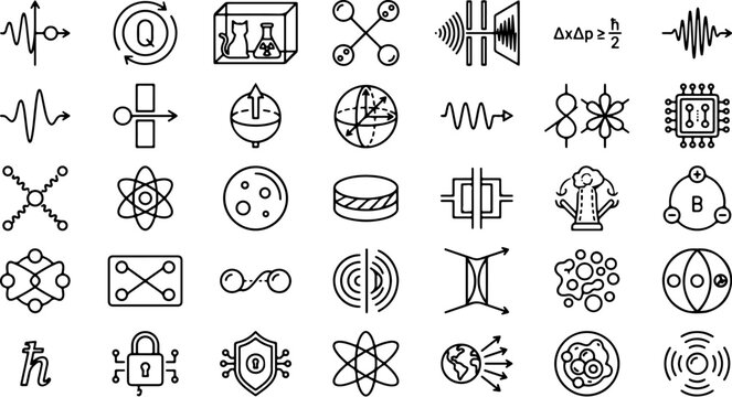 Quantum physics icons depict advanced scientific concepts and modern theoretical research models.