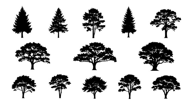 Tree icons set featuring pine and oak silhouettes in flat vector style for nature, landscaping and web design projects