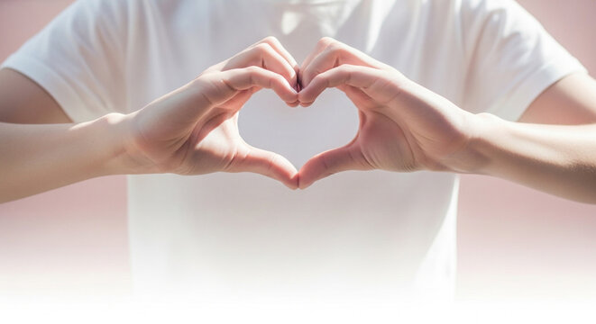 Person making heart shape with hands, white background, love gesture