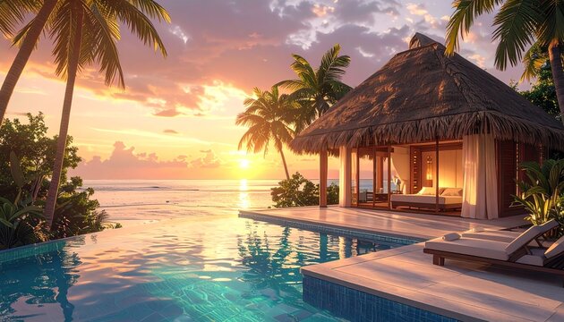 Luxury Resort Cabana by Infinity Pool at Sunset