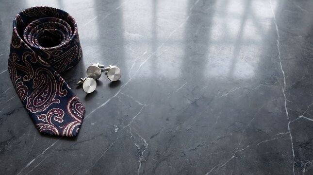 Rolled paisley necktie and silver cufflinks on dark marble surface luxury gentleman fashion and business attire concept
