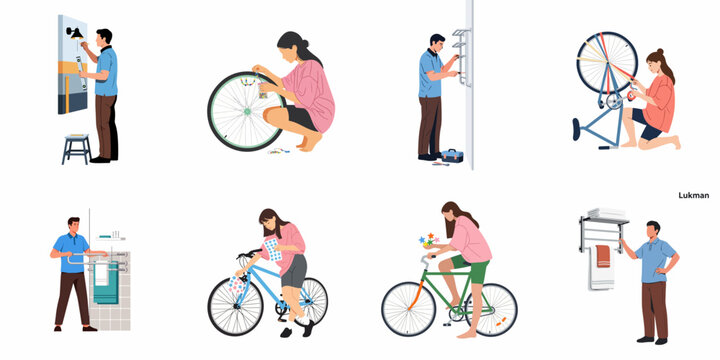 Collection of vector illustrations featuring men and women performing home improvements, installing fixtures, and decorating or maintaining bicycles for a personalized touch.