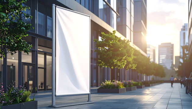 Blank vertical banner flag standing on sidewalk in front of modern glass building, sun shining through trees with lens flare, outdoor urban setting