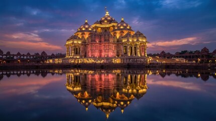 Fototapeta premium Temple of Light: An intricately designed temple illuminated at dusk, casting a magnificent reflection on the calm water, creating a surreal and spiritual atmosphere.