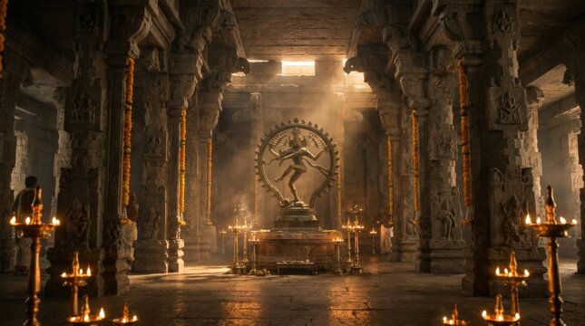 Sacred Dance of Creation: The cosmic dancer, Lord Shiva as Nataraja, is depicted in a majestic temple, surrounded by ancient pillars and the warm glow of oil lamps.