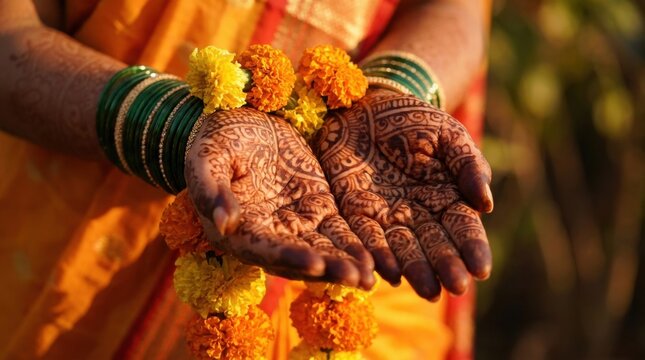 Hands adorned with intricate henna patterns and adorned with vibrant marigold garlands, symbolizing cultural traditions and celebration.